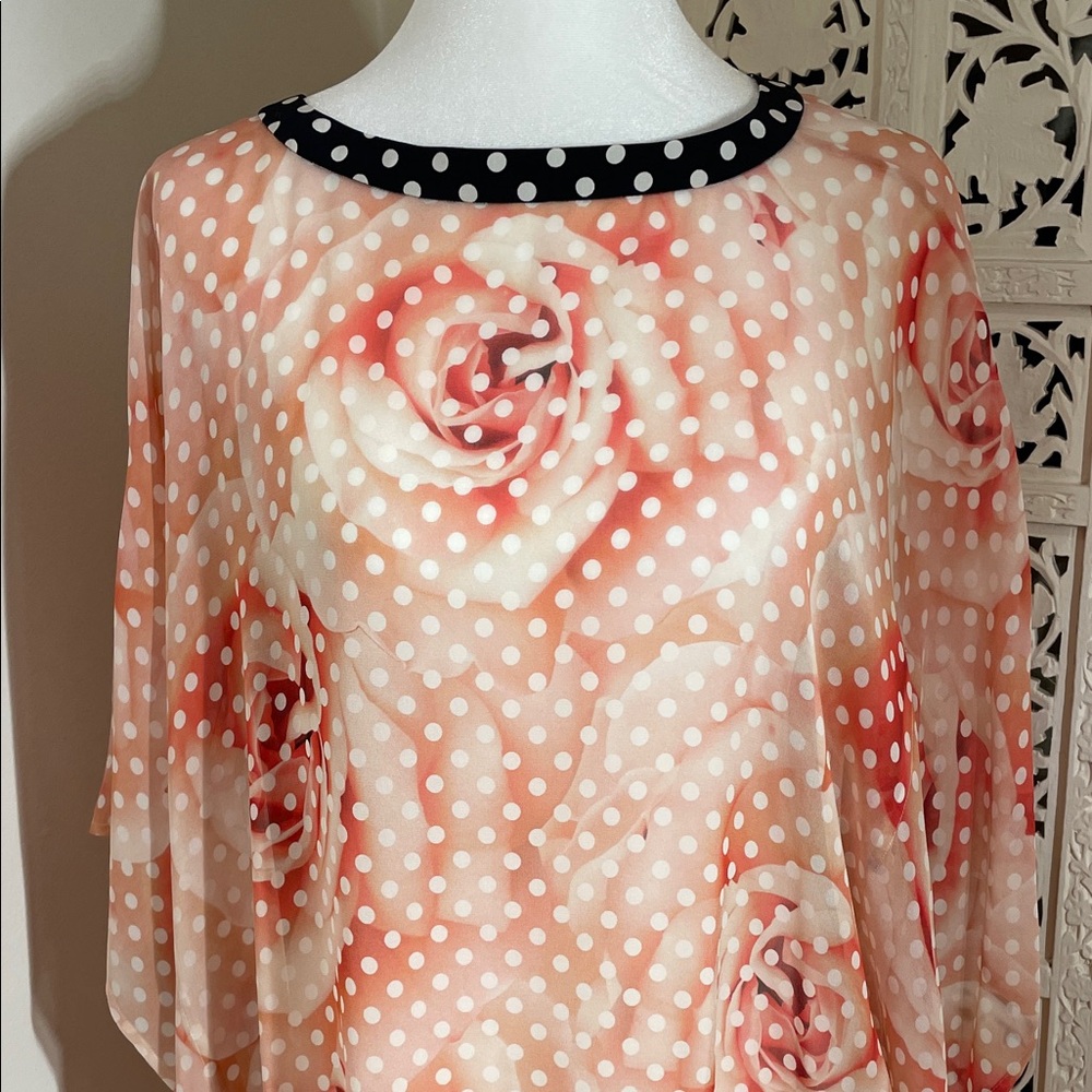Roberto Cavalli silk Peach Polka Dot ,and rose print Sheer Tunic with Black Trim - Picture 4 of 10